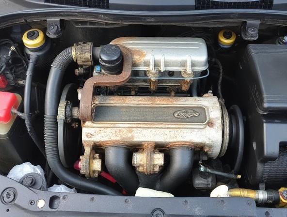 Neglected car engine compartment with corrosion before professional service