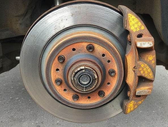 Damaged car brake system with worn pads and rusted rotors before professional repair