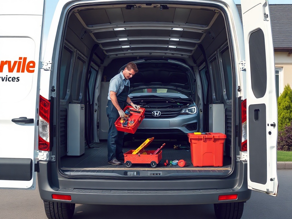 Mobile mechanic van arriving for service appointment