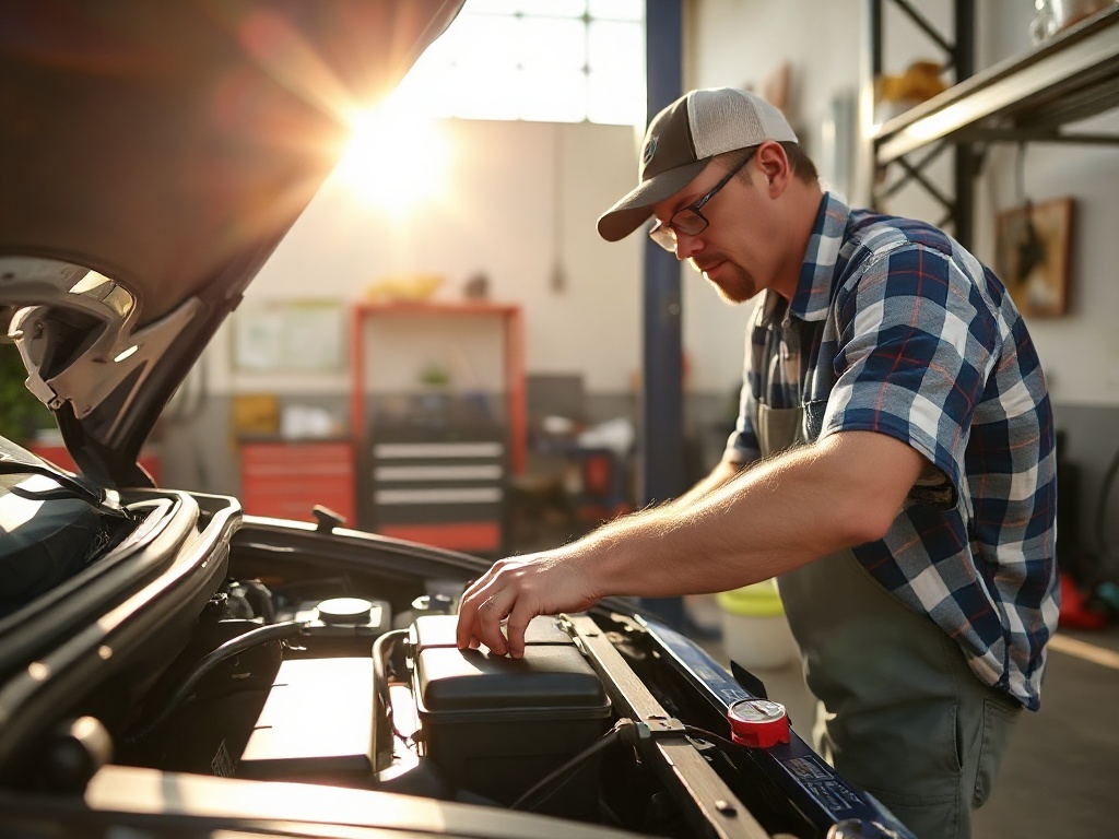 Mechanic checking car battery in extreme West Texas heat