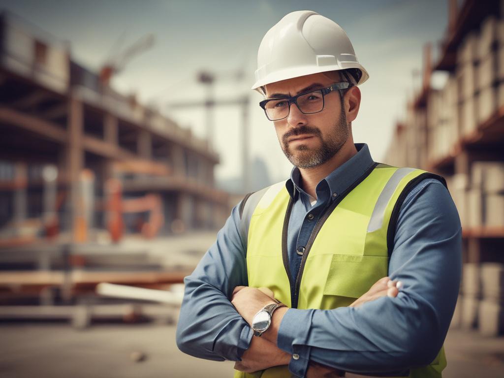 a close-up shot of a construction logistics manager overseeing the transportation of building materials, set against a construction site backdrop, captured with a 45mm f/1.2 lens, hyper-realistic rendering, vibrant green accents in the environment