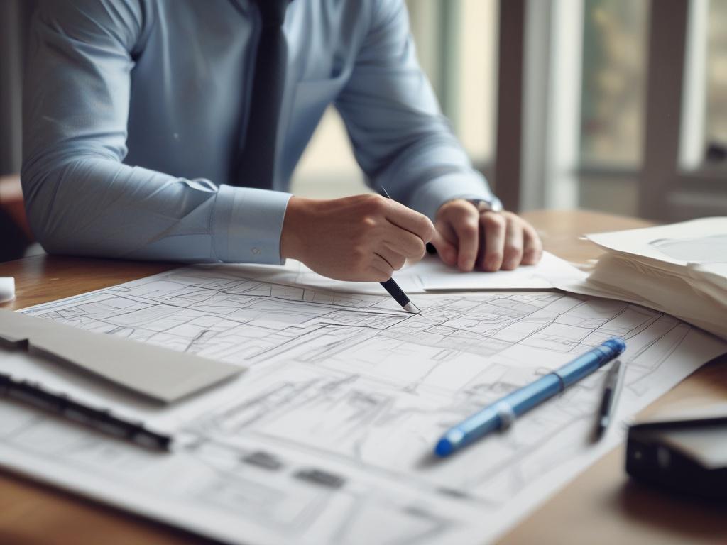 A realistic high-resolution close-up shot of an architect reviewing construction plans on a modern desk, with blueprints and design tools scattered around. The background features a well-lit, contemporary office space with hints of greenery, reflecting a blend of creativity and professionalism. Shot with a 45mm f/1.2 lens.