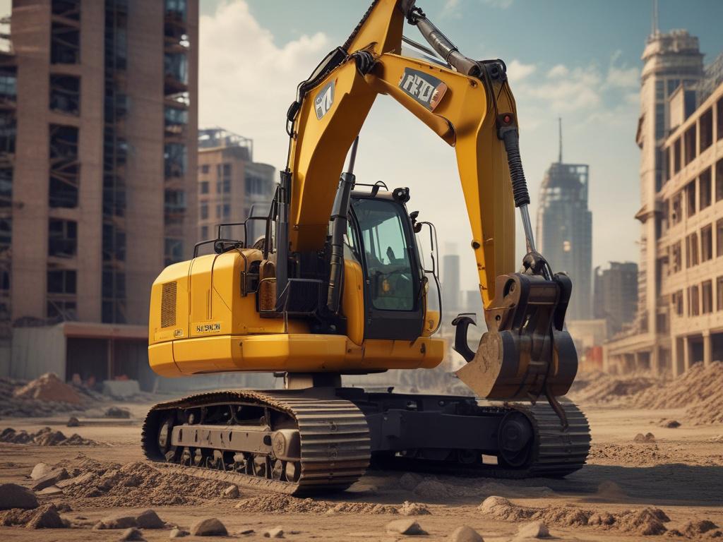 A high-resolution close-up shot of a modern construction excavator, set against a blurred construction site background, showcasing its sleek design and powerful features, captured with a 45mm f/1.2 lens.