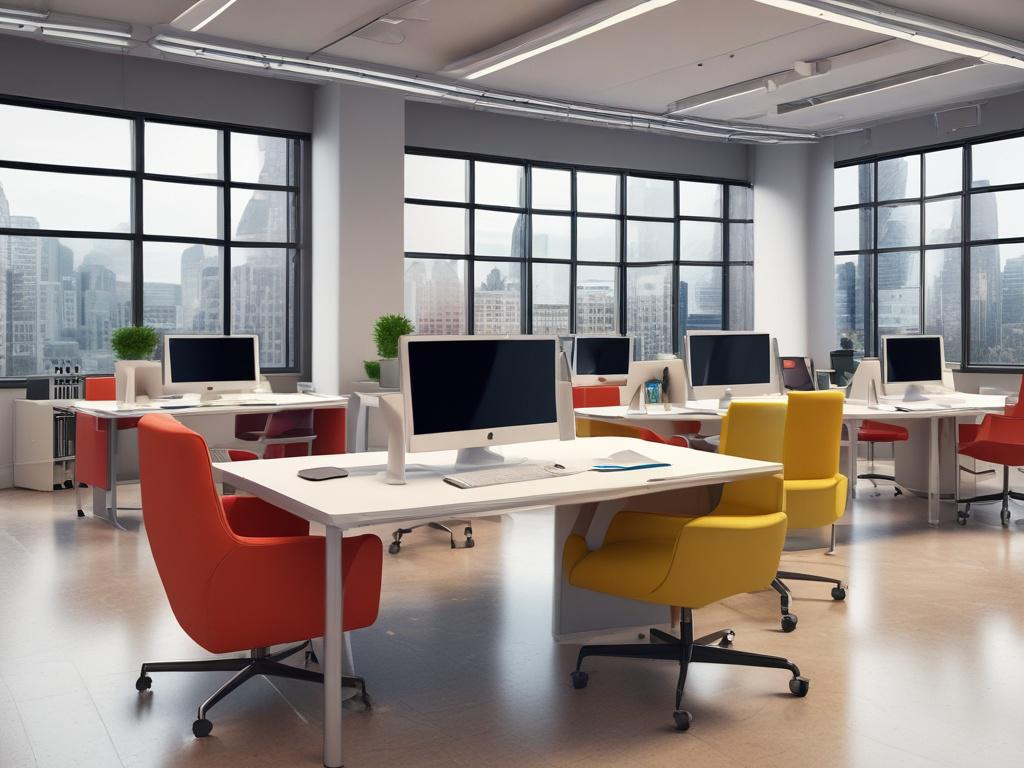 An open office space with modern furniture and bright colors, showcasing a collaborative work environment, hyper-realistic detail, 45mm f/1.2 lens.