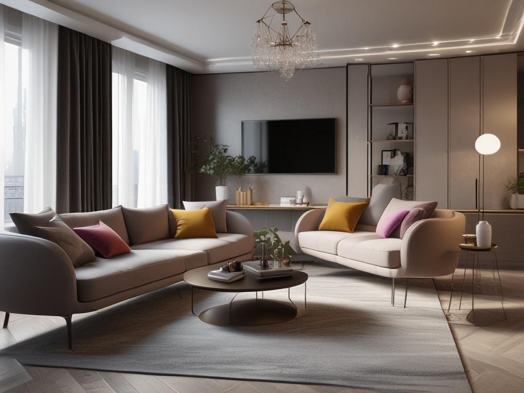 A luxurious apartment interior, showcasing elegant furnishings and a cohesive color palette, hyper-realistic detail, 45mm f/1.2 lens.