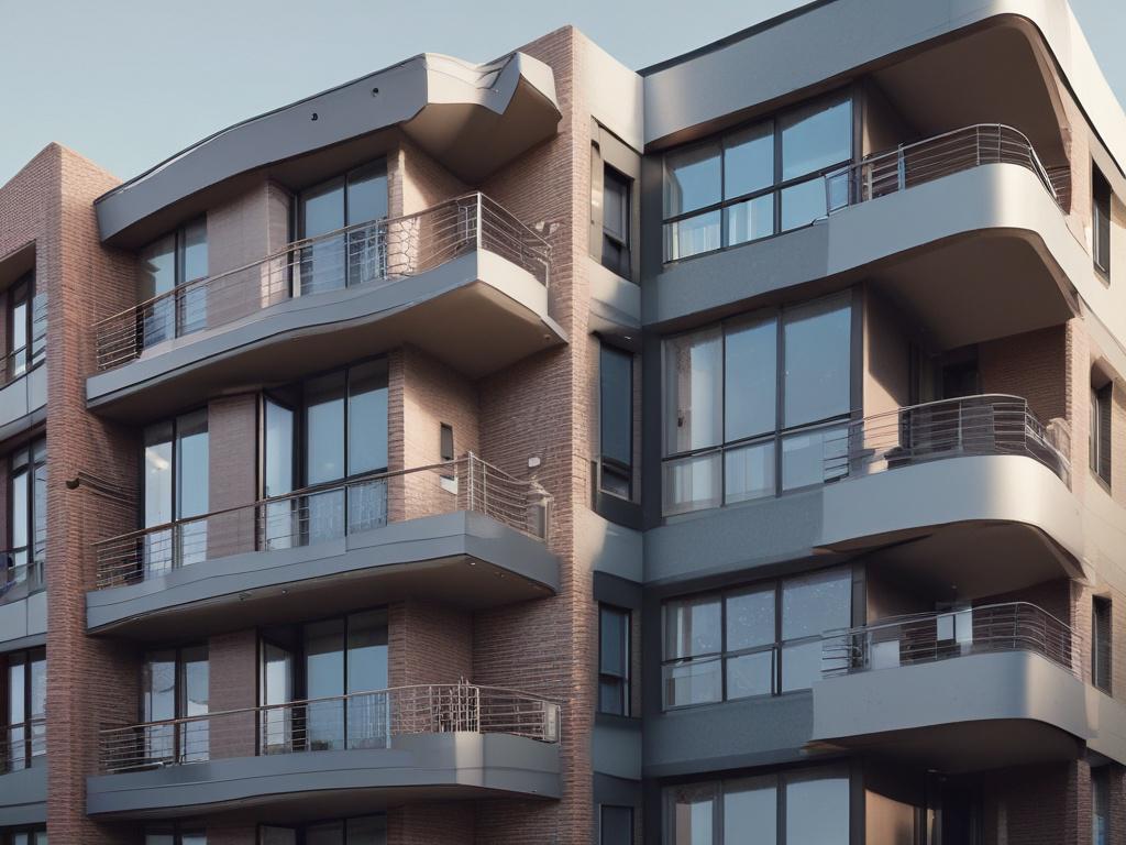 A close-up shot of a modern apartment building, showcasing its architectural details and inviting entrance. The image should have a clear blue sky in the background, highlighting the property’s features. The composition should focus solely on the apartment building, with vibrant greenery framing the sides, emphasizing a welcoming atmosphere. The image should be high-resolution and captured with a 45mm f/1.2 lens style.