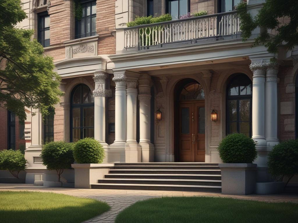 a beautifully renovated building exterior, hyper realistic close up shot,