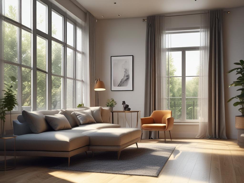 A hyper-realistic close-up shot of a beautifully designed interior room, featuring elegant furniture and decor, with natural light streaming through a window, shot with a 45mm f/1.2 lens.