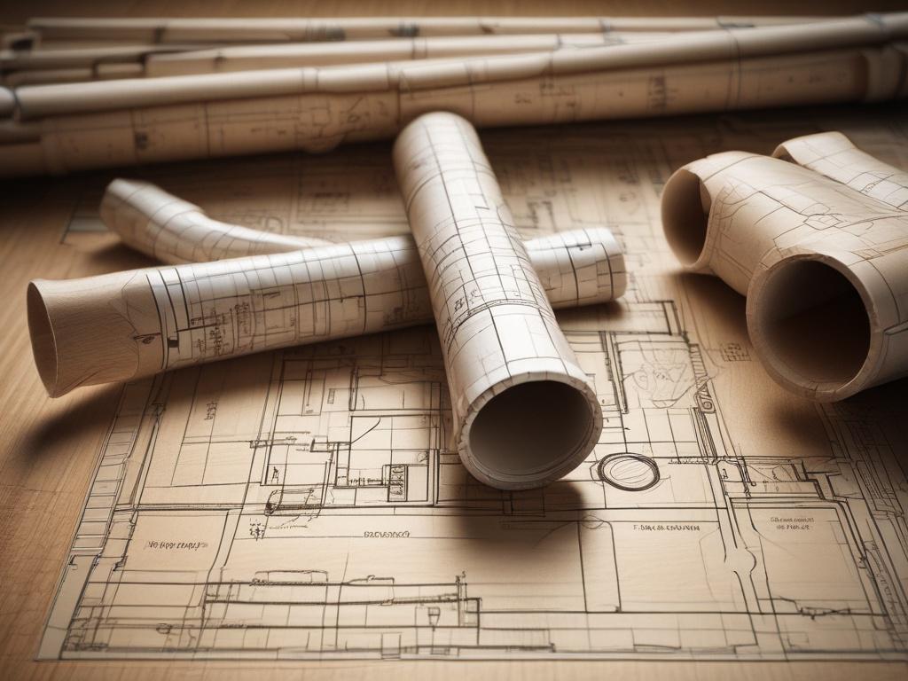 A hyper-realistic close-up shot of an architectural blueprint with elegant designs, placed on a wooden table, with soft natural light highlighting the details, shot with a 45mm f/1.2 lens.