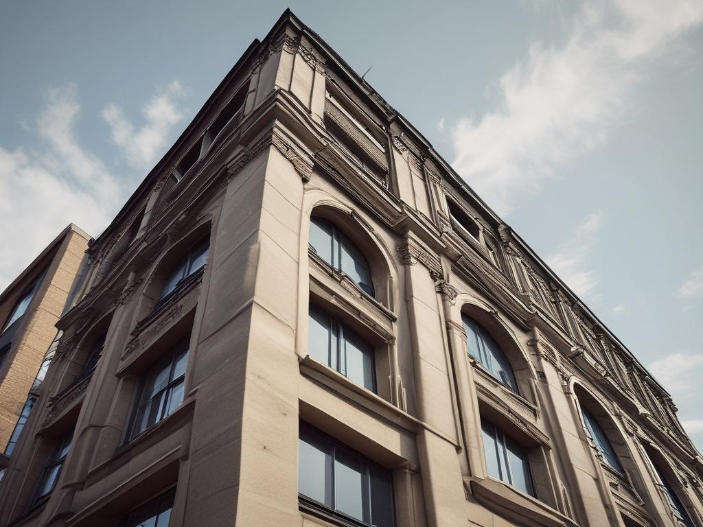A hyper-realistic close-up shot of a renovated building facade, showcasing modern architectural elements blended with classic details, under soft sunlight, shot with a 45mm f/1.2 lens.