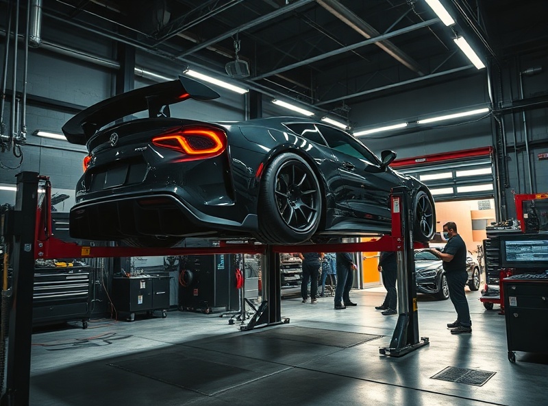High-performance car on hydraulic lift in professional automotive shop
