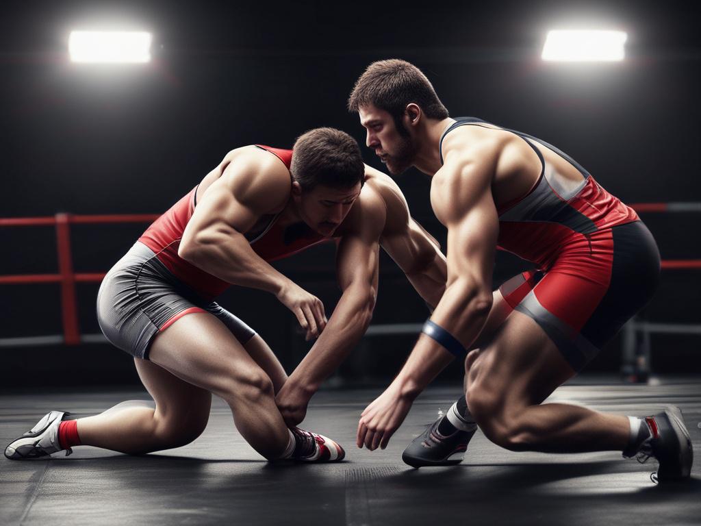 A high energy wrestling training session in a gym, showcasing