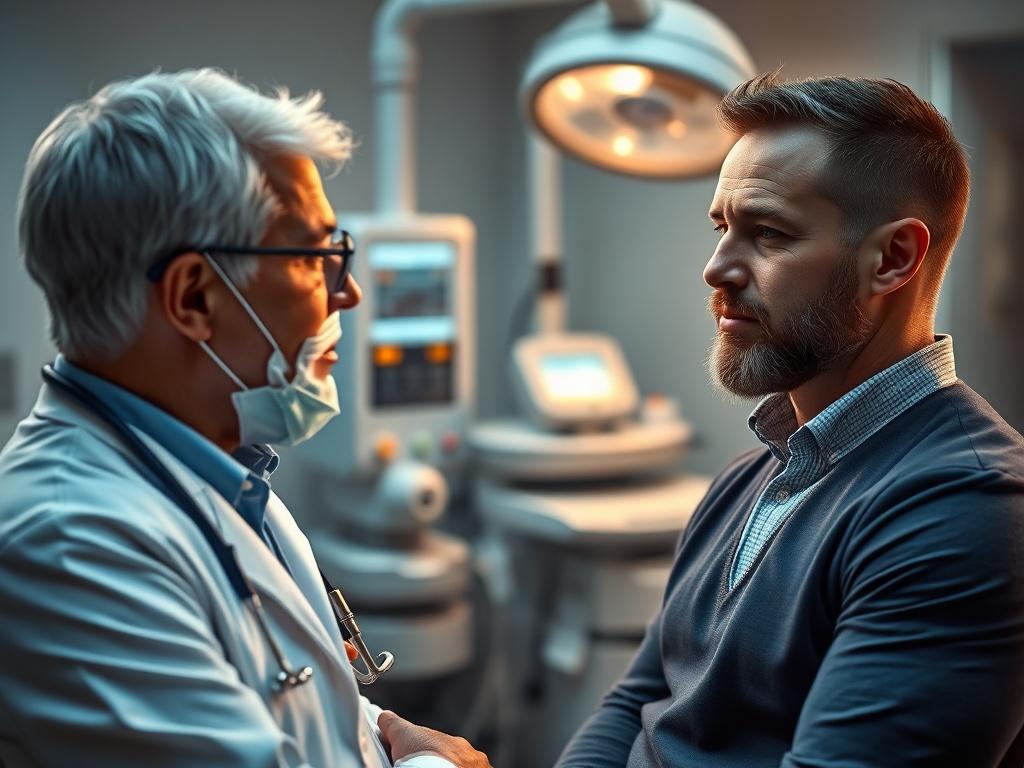 A high-resolution, realistic image depicting a caring medical professional discussing testosterone therapy with a male patient in a clinical setting. The atmosphere is professional yet warm, with medical equipment subtly visible in the background. The focus is on the patient’s attentive expression, conveying trust and hope.