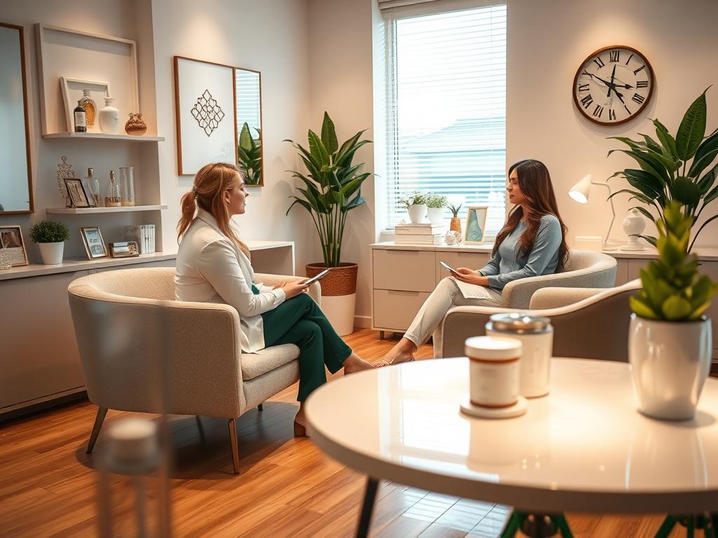 A high-resolution image of a calm wellness consultation room, showcasing a professional practitioner discussing hormone therapy options with a client. The setting is warm and inviting, featuring modern decor, comfortable seating, and wellness materials displayed. Soft lighting creates a soothing atmosphere, emphasizing a focus on health and well-being.