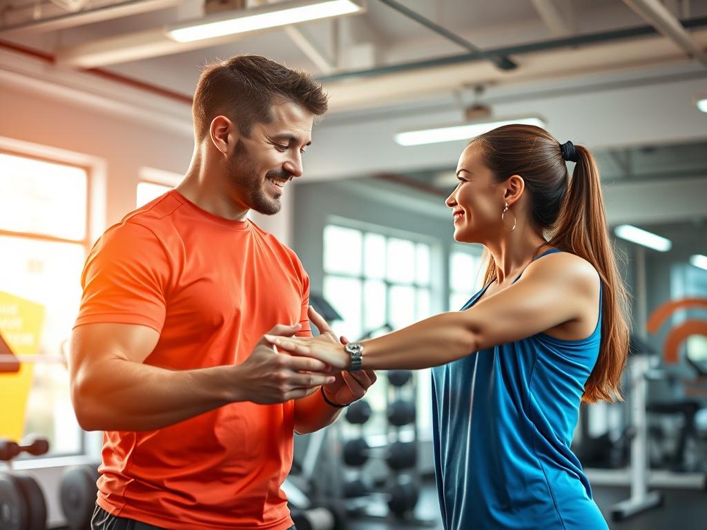 A vibrant, high-resolution image of a fitness coach engaging with a client in a bright, modern gym setting. The coach is demonstrating exercises while the client looks motivated and engaged. The background features fitness equipment and motivational quotes on the walls, creating an energetic and inspiring atmosphere.