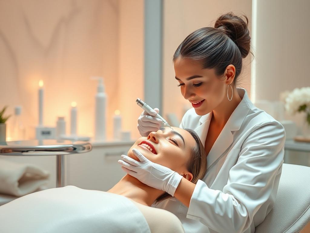 A hyper-realistic, high-resolution rendering of a serene spa environment featuring a skilled aesthetician administering Botox to a happy client. The aesthetician is focused and professional, with a soft, inviting background that emphasizes relaxation. The scene includes luxurious spa elements like soft lighting, plush furnishings, and modern aesthetic equipment, all reflecting a sense of tranquility and beauty.