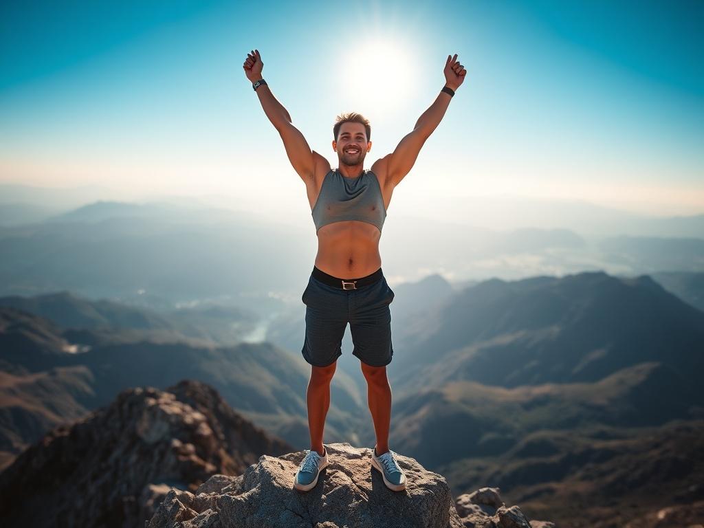 A dynamic image of a confident, fit individual standing triumphantly