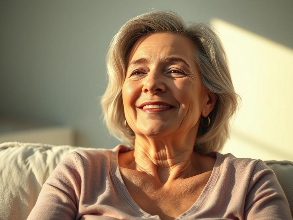 A serene scene depicting a middle aged woman enjoying a