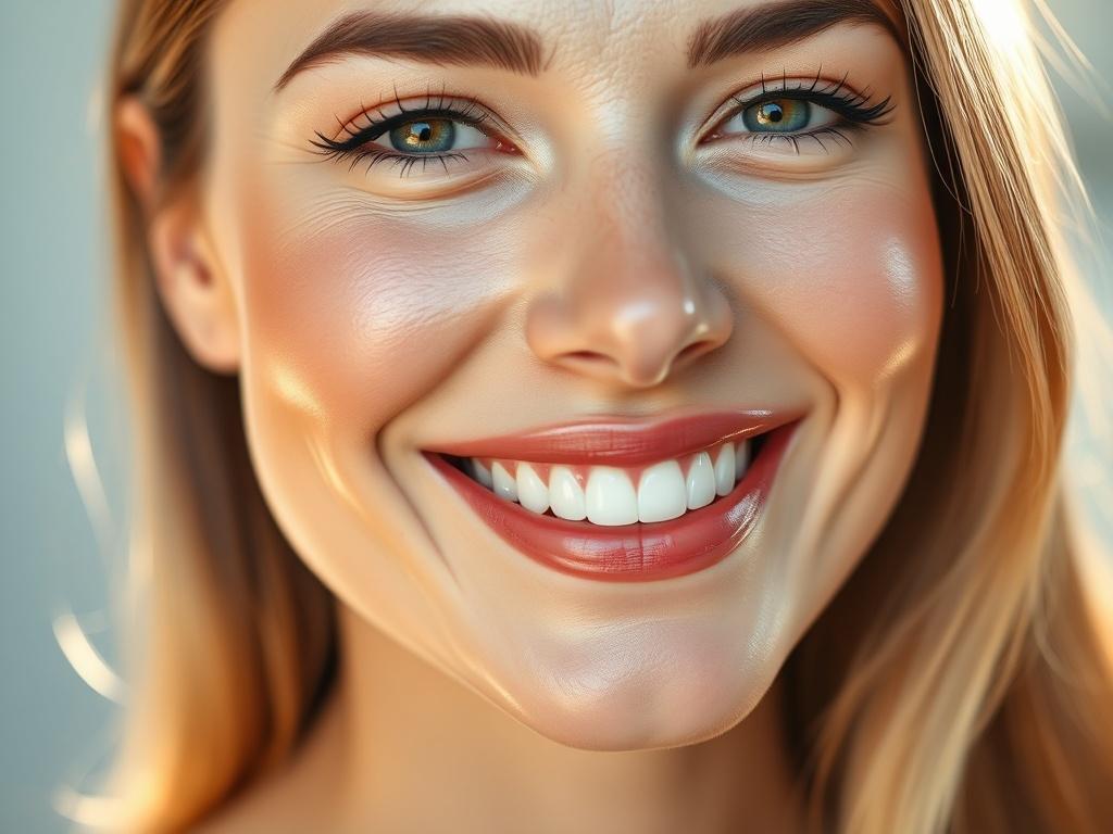 A close up of a woman smiling gently, showcasing smooth,