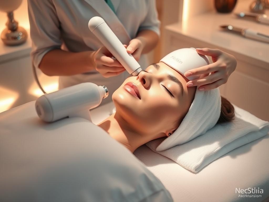 A serene and luxurious spa setting featuring a single subject receiving a facial treatment with the NewbaSkin Mini system. The subject is relaxed on a treatment bed, surrounded by soft, glowing light and elegant decor, showcasing ultra-shiny surfaces and luminous highlights. The therapist is gently applying the hydrodermabrasion treatment to the subject's face, highlighting the high-quality equipment and the tranquil atmosphere. The overall composition is simple and clear, focusing on the rejuvenating exper