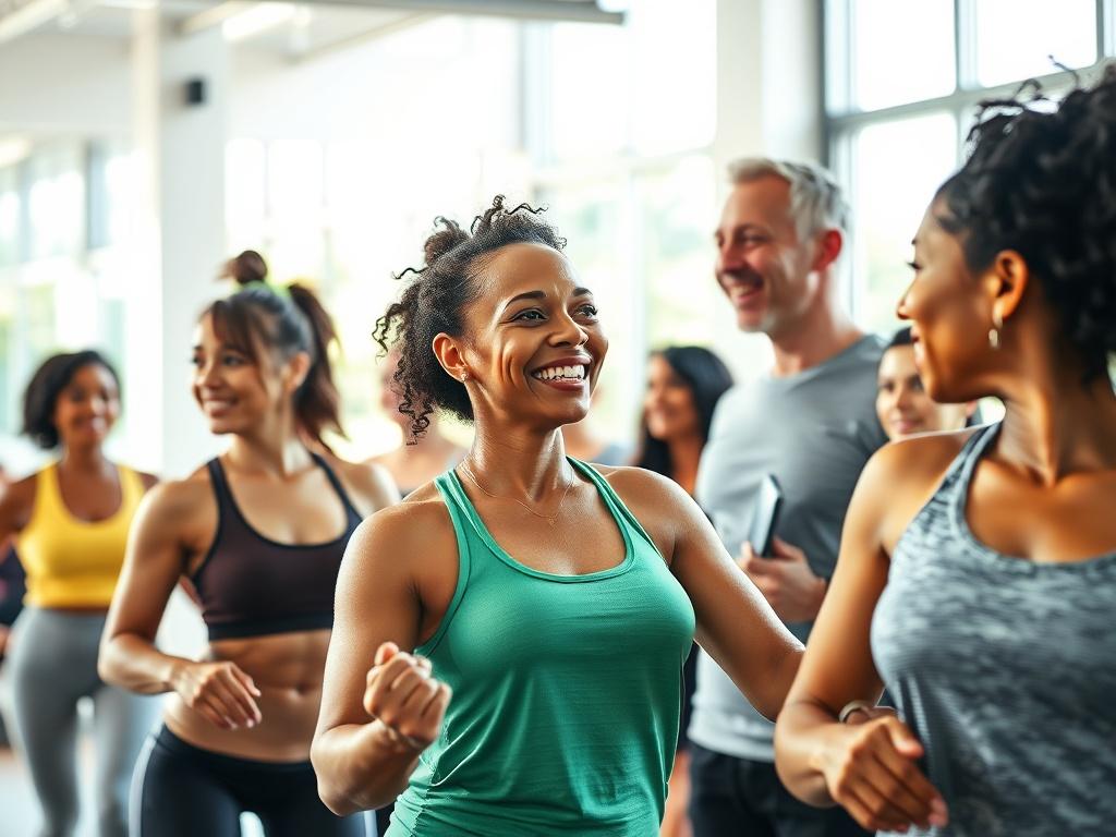 A motivational scene of a diverse group of individuals engaged in a fitness class at a wellness center, showcasing a supportive community environment. The atmosphere is energetic and positive, with participants smiling and encouraging each other. Bright, natural light floods the space, enhancing the sense of vitality and health.