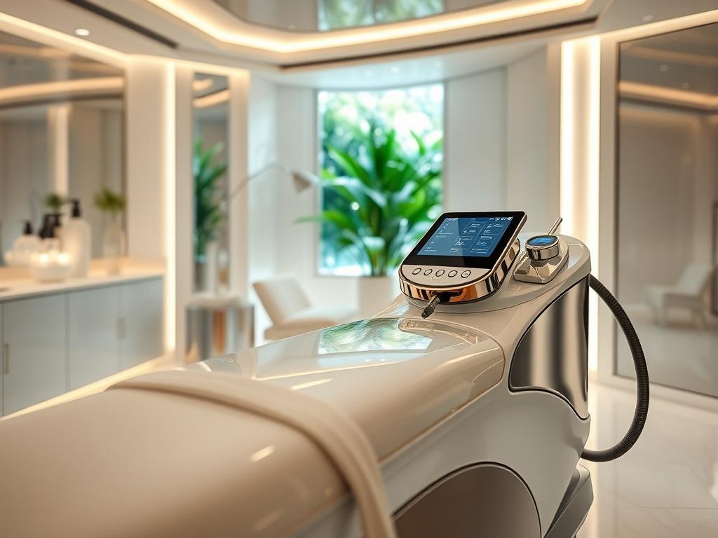 A stunning image of a serene med spa environment featuring a sleek treatment room with a luxurious treatment bed, soft ambient lighting, and elegant decor. The focus is on a high-tech NewBaskin machine with glossy surfaces reflecting the soft light. The background should be softly blurred to emphasize the spa's modern and upscale atmosphere, with hints of lush greenery peeking through a window.