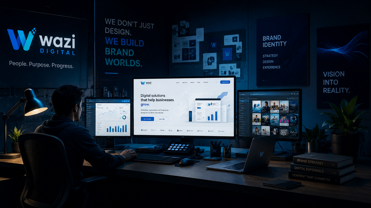 Cinematic collage of premium digital work including websites, brand kits, posters, and design systems