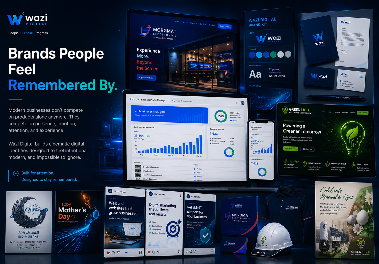 Brand visual showcase featuring website previews and creative work