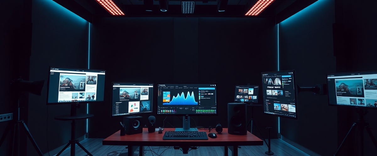 Premium creative digital studio environment with multiple monitors displaying design work