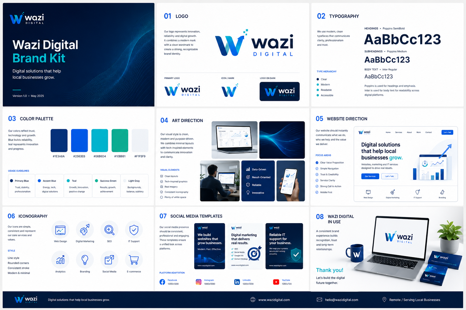 Wazi Digital brand kit featuring color palettes, typography, and visual identity system