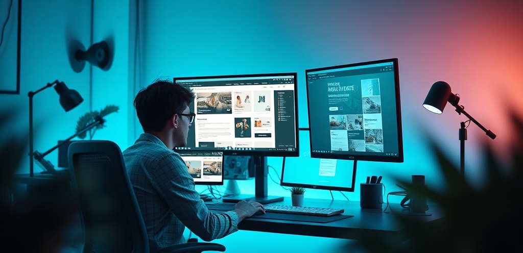 Creative design studio workspace with multiple displays showing brand and web design work