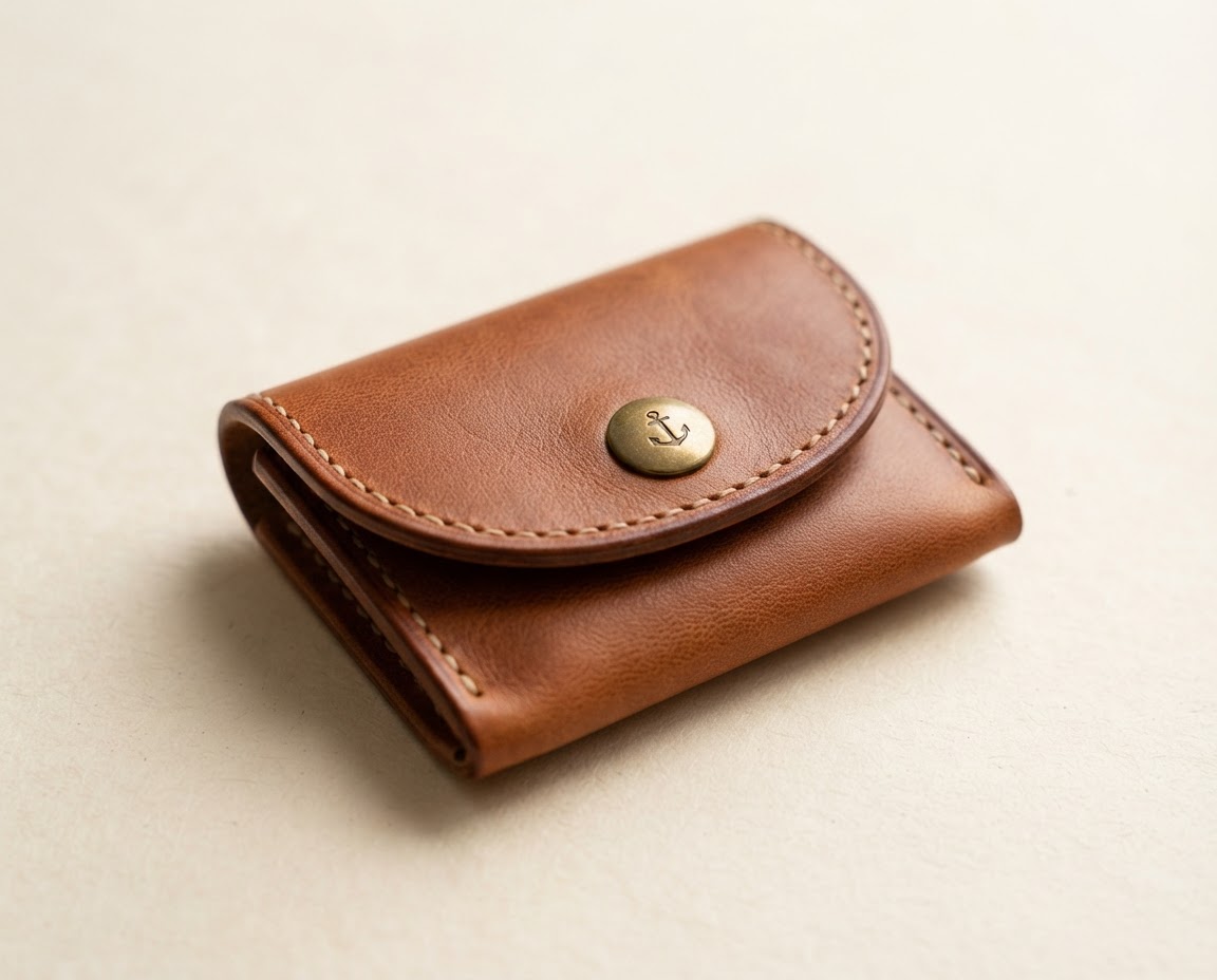 Close detail of the wallet's leather grain, stitching, and snap closure