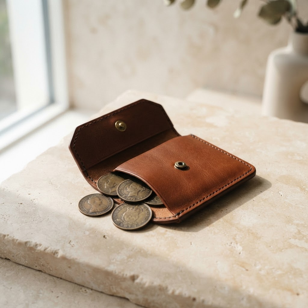Cognac leather coin wallet with brass coins on warm stone