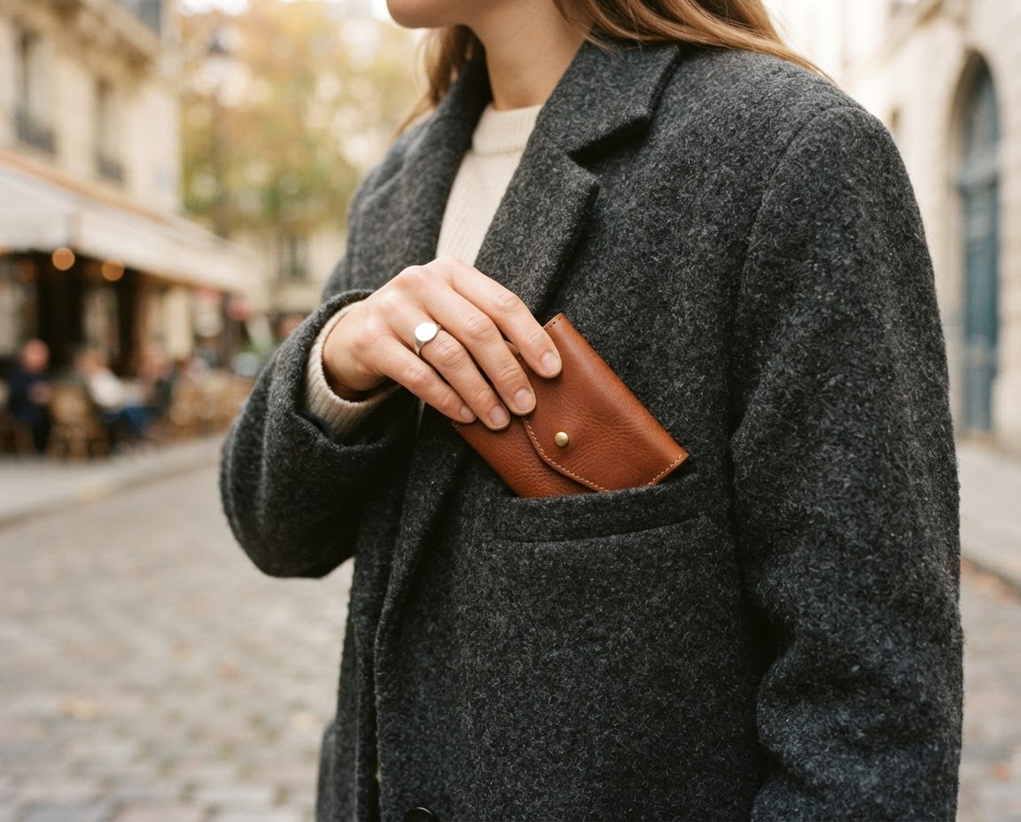 A compact leather coin wallet tucked into a coat pocket