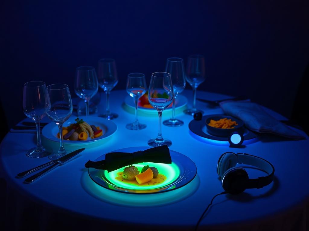 A visually striking setup for a sensory eating event. The scene features a beautifully arranged dining table with elegant dishware under a black light, making the food glow vibrantly. One course is presented on a plate with a blindfold placed next to it, hinting at the blindfolded tasting experience. Another course showcases headphones resting on the table, symbolizing the auditory stimulation. The atmosphere is intimate and inviting, with dim lighting that enhances the glowing effect of the food. The backg