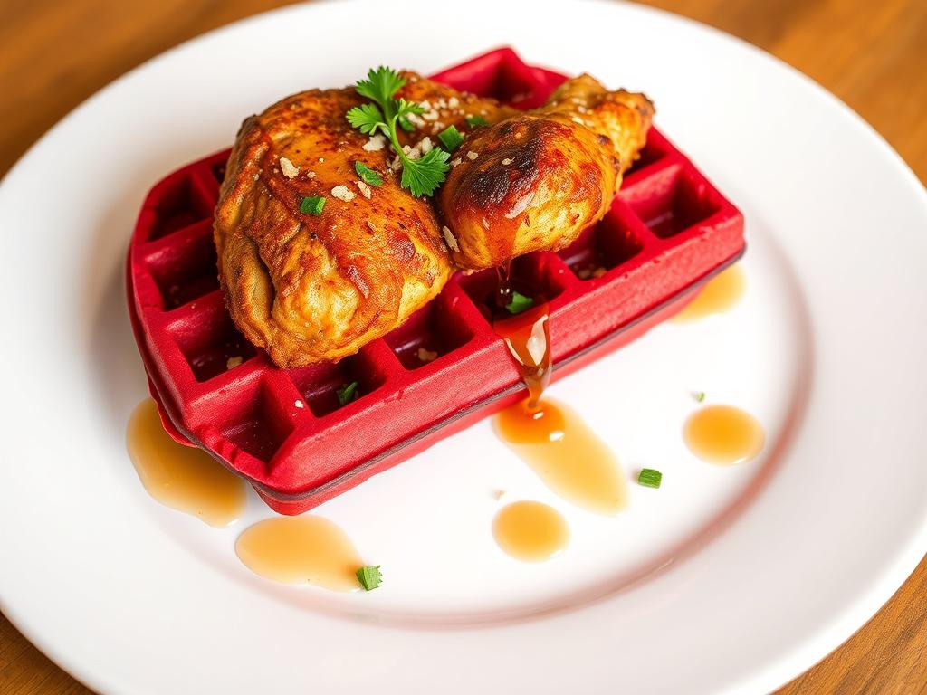 A beautifully plated jerk chicken red velvet waffle. The waffle is vibrant red, with a crispy texture and topped with a succulent piece of jerk chicken, showcasing its golden-brown, spicy crust. Garnished with a drizzle of maple syrup and a sprinkle of fresh herbs, the dish is presented on a clean white plate, with a minimalistic background that emphasizes the colors and textures of the food.