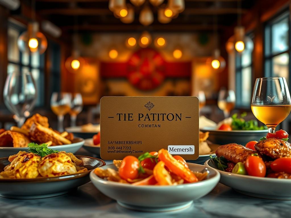 An inviting image of a membership card for The Patio Compton, surrounded by enticing dishes and warm lighting. The background should capture the restaurant’s ambiance, hinting at exclusivity and community.