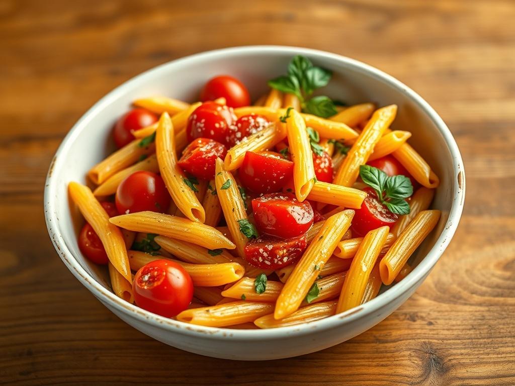 A vibrant and colorful Rasta Pasta Bowl featuring perfectly cooked penne pasta intertwined with fresh, juicy tomatoes. The dish is garnished with a sprinkle of fresh herbs and served in a rustic, white bowl. The background is a simple wooden table surface, allowing the colorful ingredients to pop. The composition focuses on the bowl, highlighting the inviting textures and vibrant colors of the pasta and tomatoes.