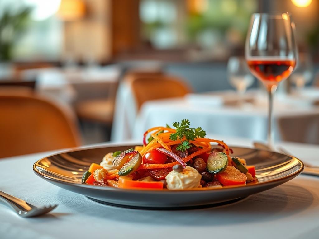 A beautifully plated gourmet dish featuring vibrant colors and fresh