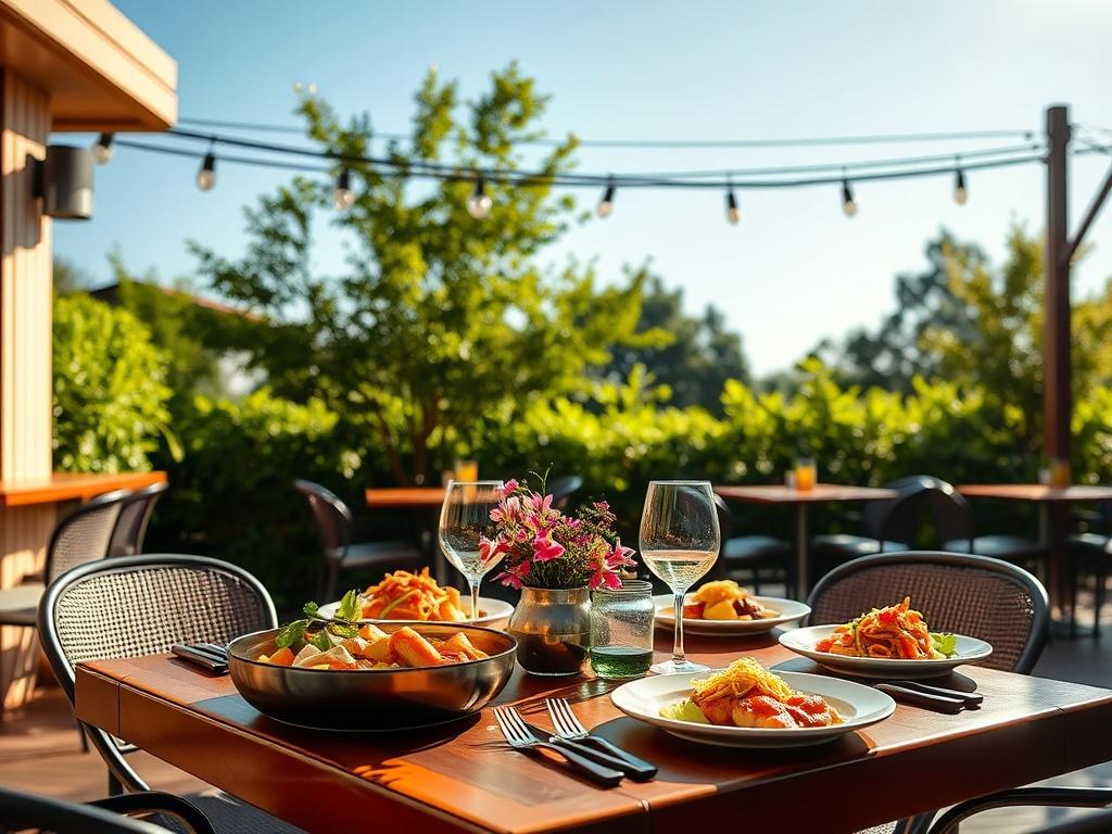 A vibrant outdoor dining setting at The Patio Compton, featuring a beautifully decorated table with dishes inspired by Chef Kelvin Bellamy. The background shows lush greenery and a clear blue sky, creating a warm and inviting atmosphere. Soft golden sunlight casts gentle shadows, enhancing the inviting vibe of the restaurant's outdoor patio.