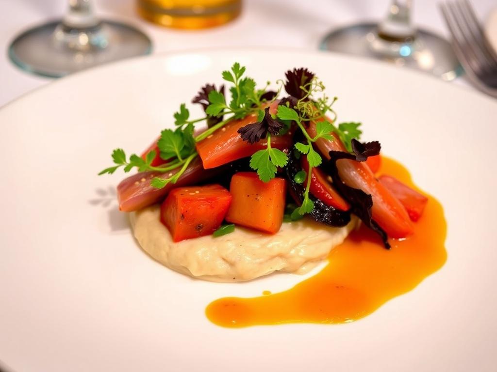 A beautifully plated seasonal dish presented at The Patio Compton, with fresh ingredients and vibrant colors. The setting is elegant, with soft lighting and a focus on the dish, highlighting the artistry of Chef Kelvin's culinary creation.