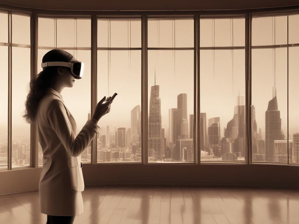 A realistic high-resolution photo of a person interacting with a virtual reality headset, fully immersed in a digital environment representing a futuristic design project. The scene should have a warm sepia tone, with the background subtly featuring elements of modern architecture and technology.