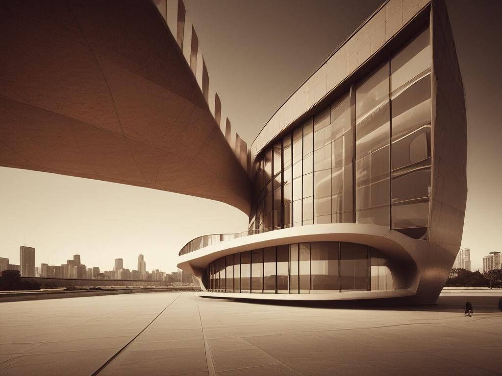 A futuristic architectural design, showcasing sleek lines and innovative structures, set against a soft sepia background. The composition highlights a single striking building with modern features, surrounded by a minimalistic urban landscape, creating a sense of forward-thinking design.