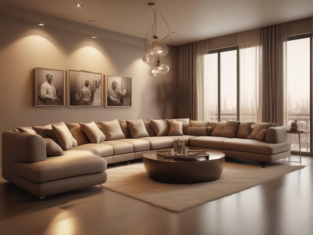 a beautifully designed modern interior space, with elegant furniture and warm lighting, in sepia tone, emphasizing comfort and style