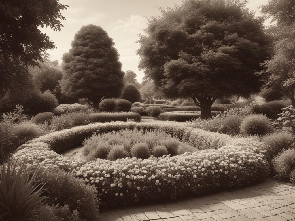 a beautifully landscaped garden with vibrant flowers and lush greenery, creating a serene atmosphere, in sepia tone