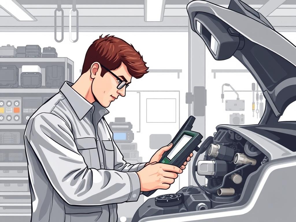 A professional automotive technician working on a modern vehicle's electronic system in a clean and organized workshop. The technician is focused on a diagnostic tool, analyzing electronic components. The background shows various vehicle modules and tools neatly arranged, representing high-quality automotive service. The color scheme features elegant shades of gray and the primary color rgb(193, 153, 87) to maintain a premium feel.