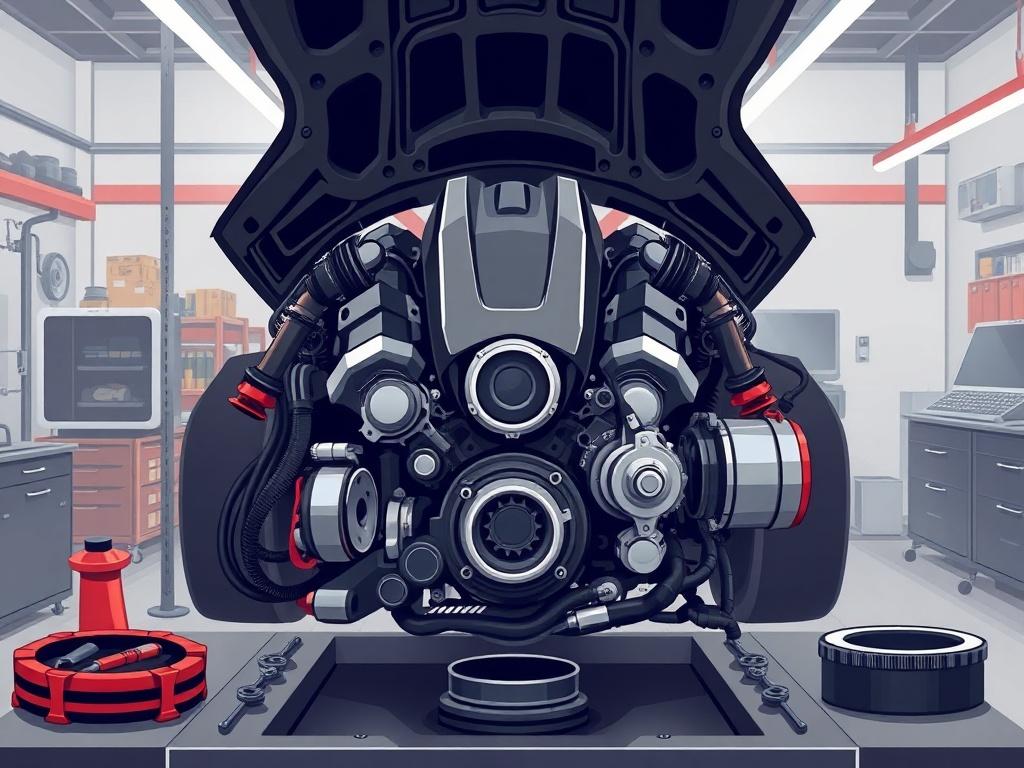 A high-quality illustration of a car engine being professionally serviced. The engine should be prominently displayed with tools and parts around it, emphasizing precision and expertise. The background should be a clean and organized workshop environment, reflecting a premium automotive service. The color palette should include shades of black and antraciet with subtle red accents to match the ItalCars branding.