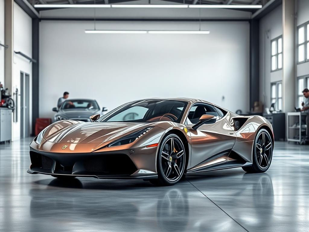 A realistic high-resolution photo of an elegant Italian sports car, prominently displayed in a well-lit workshop environment. The car should be sleek and modern, showcasing its design lines against a minimalistic backdrop. The focus should be on the car's details, capturing the essence of luxury and performance, with vibrant colors and clean lines. Ensure the lighting highlights the contours of the car, creating a striking visual appeal.