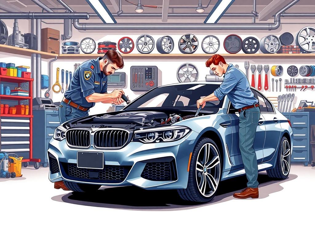 A high-quality illustration of a BMW car being serviced in a modern workshop. The focus is on a skilled mechanic inspecting the engine with tools in hand, showcasing professionalism and attention to detail. The background features organized tools and premium car parts, emphasizing a clean and sophisticated environment.
