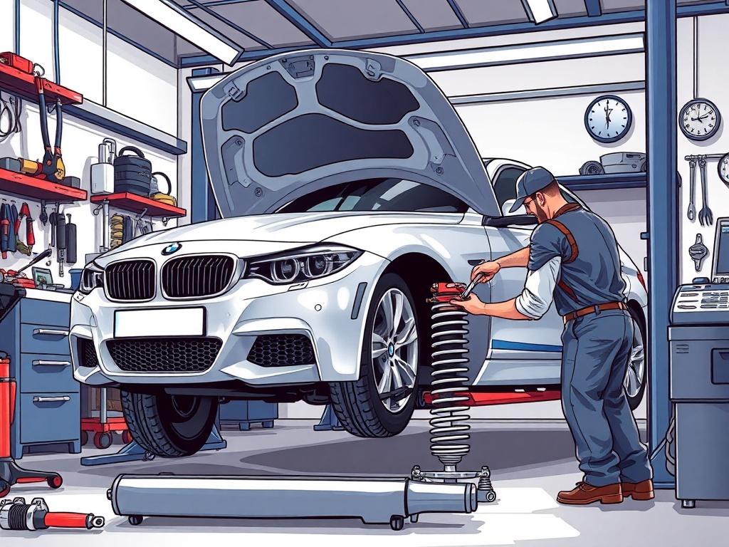 A high-quality illustration of a BMW being repaired in a workshop. The focus is on a mechanic working carefully on the car's suspension, with tools and parts organized around the workspace. The environment is clean and professional, emphasizing the reliability and quality of the repair service.